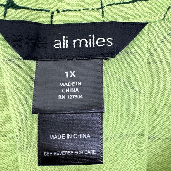 Ali Miles Womens Button Shirt Top Size 1X Artsy Office Geometric Flowy Green - Picture 2 of 7